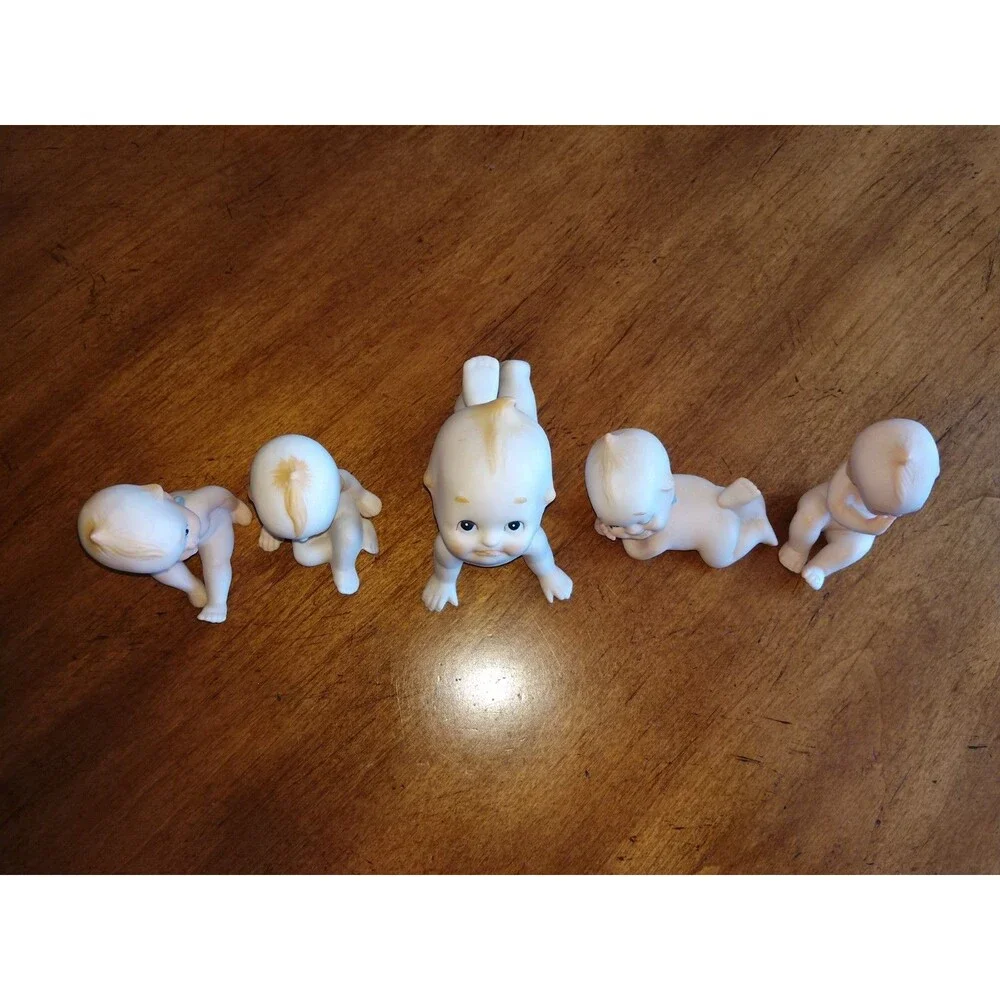 5x Vintage Lefton? Bisque Rose O'Neill Kewpie Doll Blue Wings 4 Mini + 1 Bigger